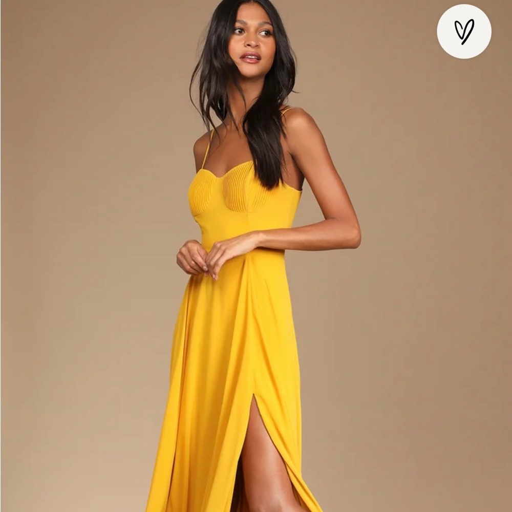Cause for Commotion Golden Yellow Pleated Bustier Maxi Dress from Lulu’s